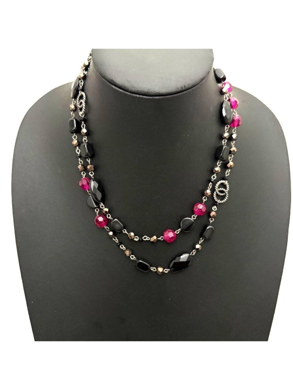 Lia Sophia Necklace Black Pink Faceted Beaded Y2K Boho Signed 38 to 41 inches